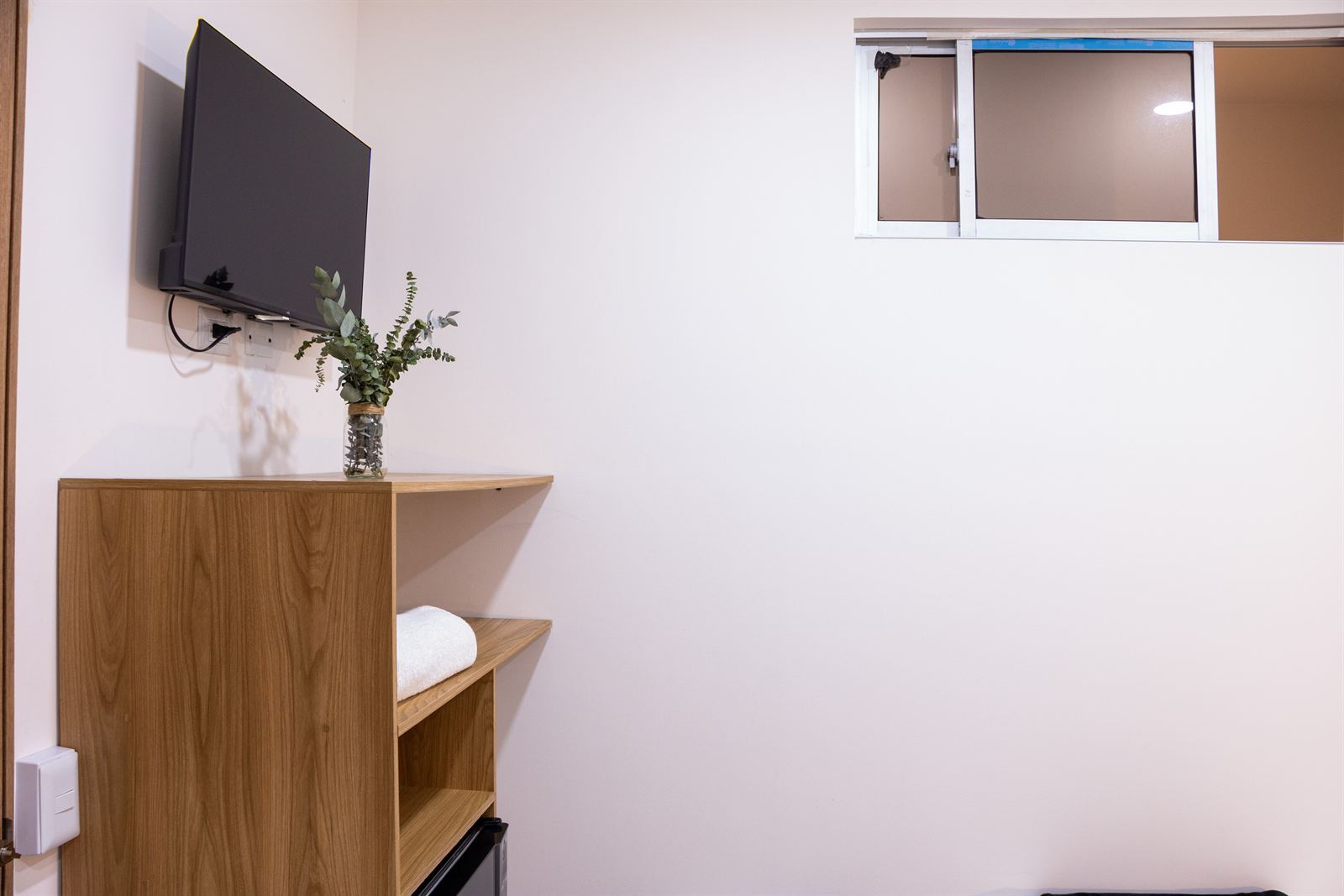 Smart TV montado en la pared sobre estante de madera con planta, ventana con vidrio esmerilado — Doble Superior Internas